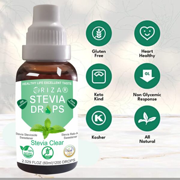 ORIZA STEVIA CLEAR, HALAL,PFA, & PCSIR CERTIFIED, 60 ML ( ZERO CALORIE NATURAL SWEET DROPS ), KETO & DIABETES FRIENDLY. - Image 2