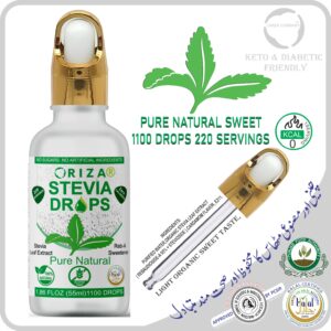 ORIZA STEVIA PURE NATURAL, HALAL,PFA, & PCSIR CERTIFIED, 55 ML ( ZERO CALORIE NATURAL SWEET DROPS ), KETO & DIABETES FRIENDLY. HIGH QUALITY GLASS BOTTLE WITH GLASS DROPER.