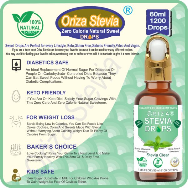 ORIZA STEVIA DIFFERENT FLAVORS, HALAL,PFA, & PCSIR CERTIFIED, 55 ML ( ZERO CALORIE NATURAL SWEET DROPS ), KETO & DIABETES FRIENDLY. HIGH QUALITY GLASS BOTTLE WITH GLASS DROPER. - Image 2