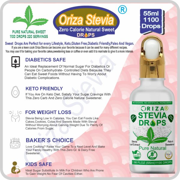 ORIZA STEVIA PURE NATURAL, HALAL,PFA, & PCSIR CERTIFIED, 55 ML ( ZERO CALORIE NATURAL SWEET DROPS ), KETO & DIABETES FRIENDLY. HIGH QUALITY GLASS BOTTLE WITH GLASS DROPER. - Image 5