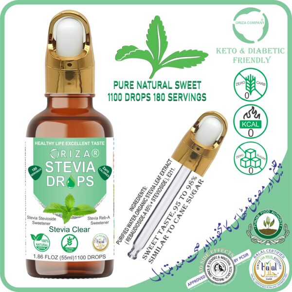 ORIZA STEVIA CLEAR & DIFFERENT FLAVORS, HALAL,PFA, & PCSIR CERTIFIED, 55 ML ( ZERO CALORIE NATURAL SWEET DROPS ), KETO & DIABETES FRIENDLY. HIGH QUALITY GLASS BOTTLE WITH GLASS DROPER.