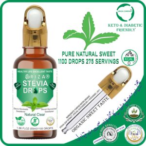 ORIZA STEVIA NATURAL CLEAR, HALAL,PFA, & PCSIR CERTIFIED, 55 ML ( ZERO CALORIE NATURAL SWEET DROPS ), KETO & DIABETES FRIENDLY. HIGH QUALITY GLASS BOTTLE WITH GLASS DROPER.