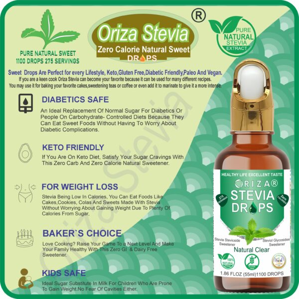ORIZA STEVIA NATURAL CLEAR, HALAL,PFA, & PCSIR CERTIFIED, 55 ML ( ZERO CALORIE NATURAL SWEET DROPS ), KETO & DIABETES FRIENDLY. HIGH QUALITY GLASS BOTTLE WITH GLASS DROPER. - Image 3