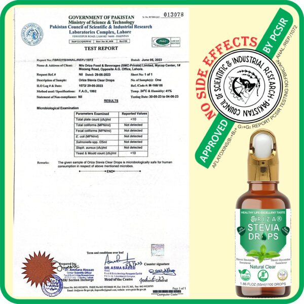 ORIZA STEVIA NATURAL CLEAR, HALAL,PFA, & PCSIR CERTIFIED, 55 ML ( ZERO CALORIE NATURAL SWEET DROPS ), KETO & DIABETES FRIENDLY. HIGH QUALITY GLASS BOTTLE WITH GLASS DROPER. - Image 6
