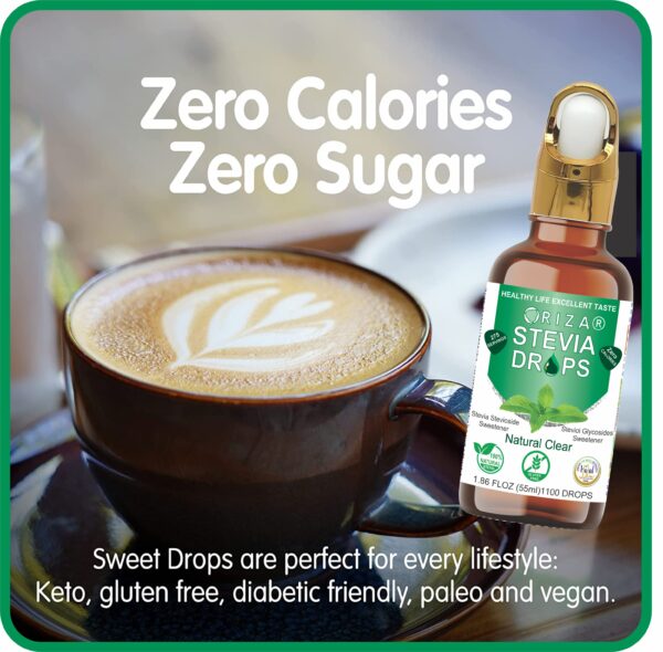 ORIZA STEVIA NATURAL CLEAR, HALAL,PFA, & PCSIR CERTIFIED, 55 ML ( ZERO CALORIE NATURAL SWEET DROPS ), KETO & DIABETES FRIENDLY. HIGH QUALITY GLASS BOTTLE WITH GLASS DROPER. - Image 2