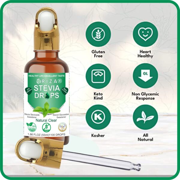 ORIZA STEVIA NATURAL CLEAR, HALAL,PFA, & PCSIR CERTIFIED, 55 ML ( ZERO CALORIE NATURAL SWEET DROPS ), KETO & DIABETES FRIENDLY. HIGH QUALITY GLASS BOTTLE WITH GLASS DROPER. - Image 9