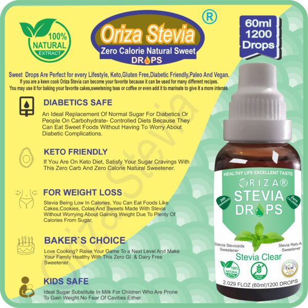 ORIZA STEVIA CLEAR & DIFFERENT FLAVORS, HALAL,PFA, & PCSIR CERTIFIED, 60 ML ( ZERO CALORIE NATURAL SWEET DROPS ), KETO & DIABETES FRIENDLY. - Image 8
